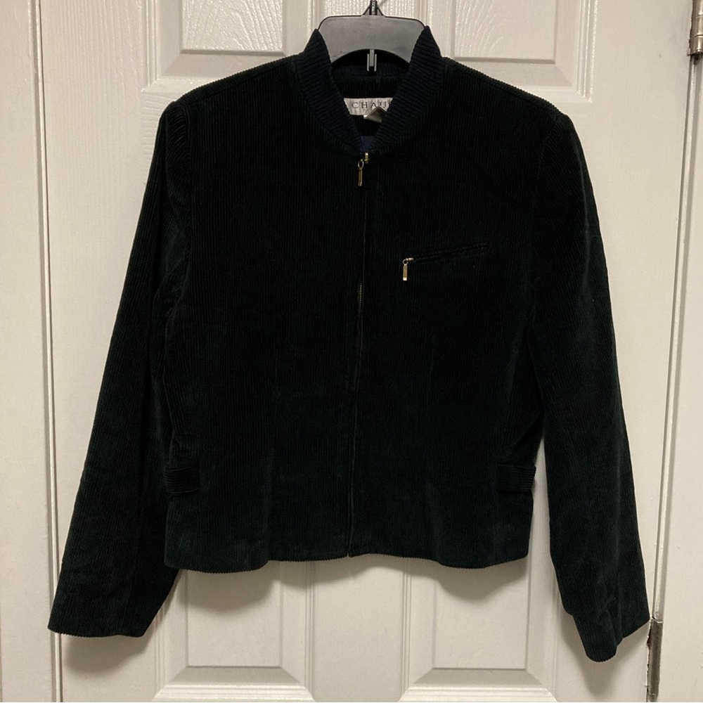 *Chaus Petite Black Bomber Corduroy Zip Up Size 12P Jacket #O
